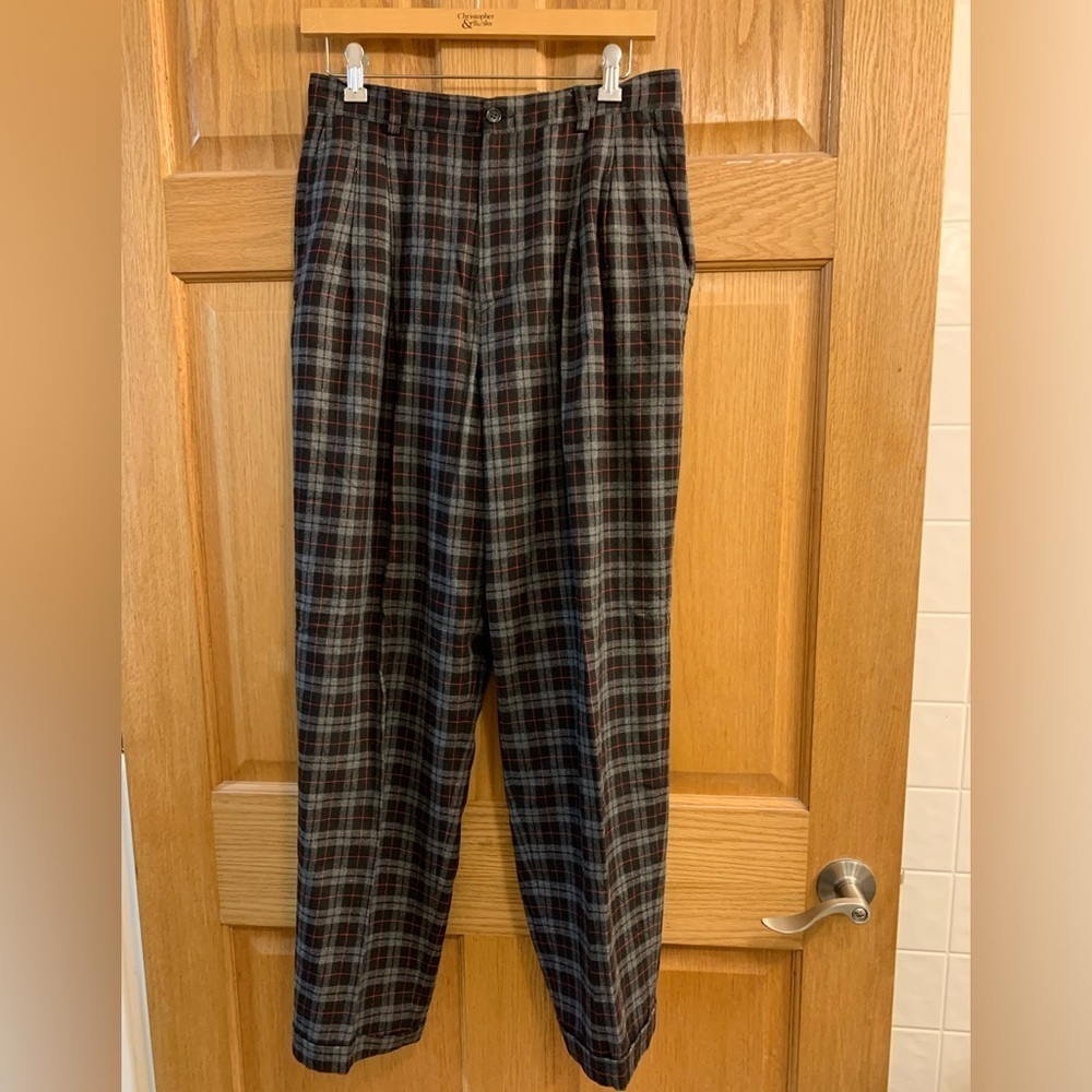 VTG 90s Gray Black Red Plaid High Waist Pants Size 12 LizSport Tapered - Pleated
